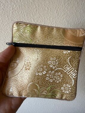 Small Chinese embroidered zippered Gold Floral Brocade Zip Pouch bag jewelry